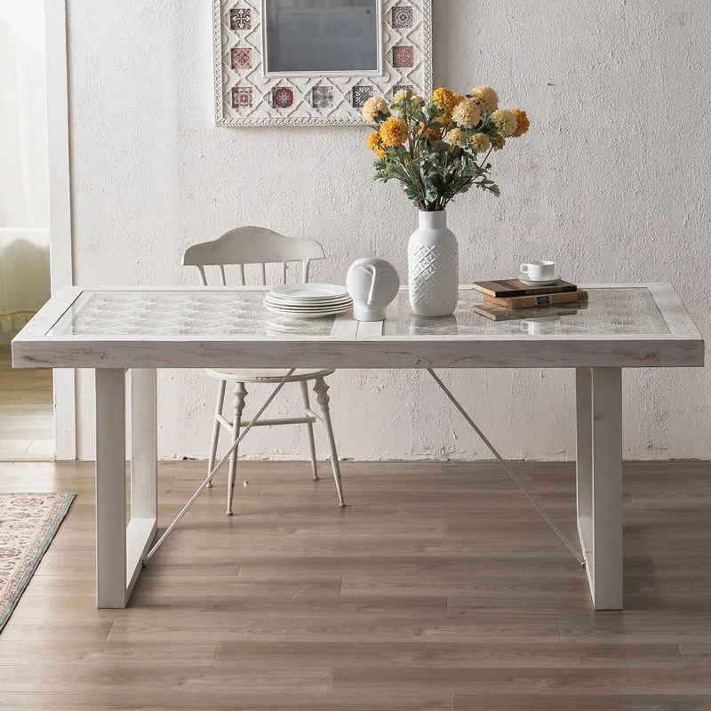 New American simple and old white six-person long table spot old carved hand-painted glass rectangular dining table wholesale