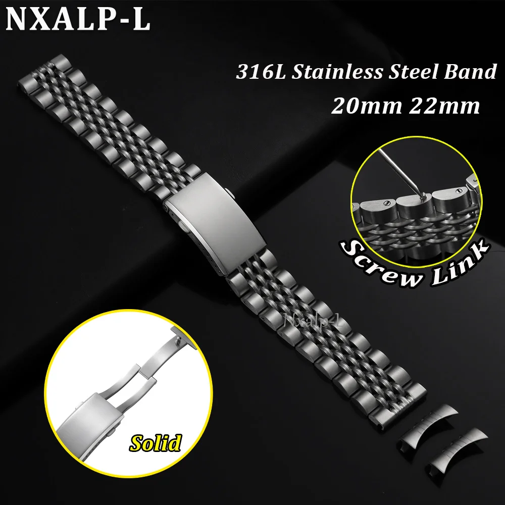 316L Solid Stainless Steel Watch Band 20mm 22mm for Seiko for Jubilee Strap Curved/Straight End Bracelet Screw Link Wristband