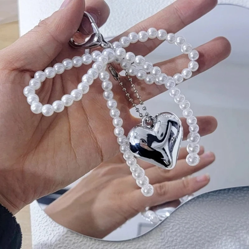 Cute Bow Pearl Mobile Phone Pendant Chain Y2K Heart Shape Pendant With Mobile Phone Accessories Camera Bag Keychain