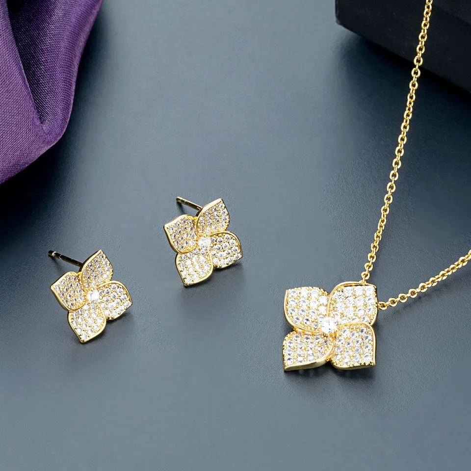 

Zlxgirl jewelry Hot sale Hollow design flower pendant earrings set for women's couple gift fine Gold chain necklace free bags