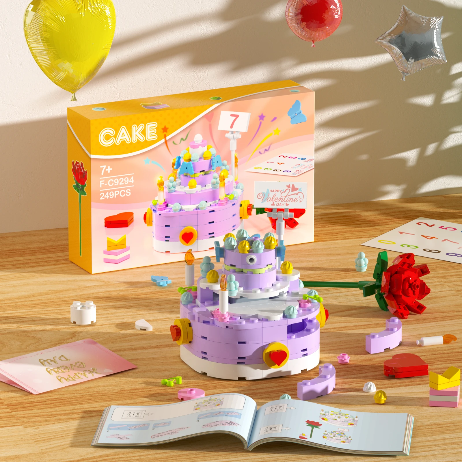 Lovely Birthday Cake Building Blocks with Light-up Candles Rose Greeting Cards Sweet Cake Model Toys Birthday Christmas Gifts