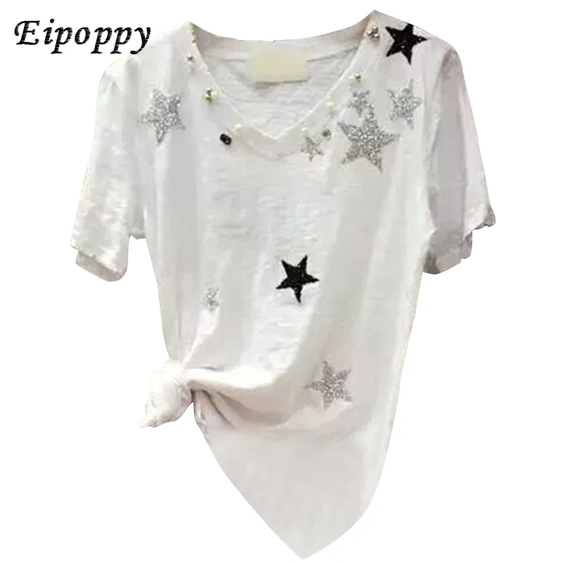 

Summer and Autumn New Short-sleeved T-shirt Female V-neck Loose Bamboo Shirt Cotton Heavy-duty Set Shirt Shirt Printing