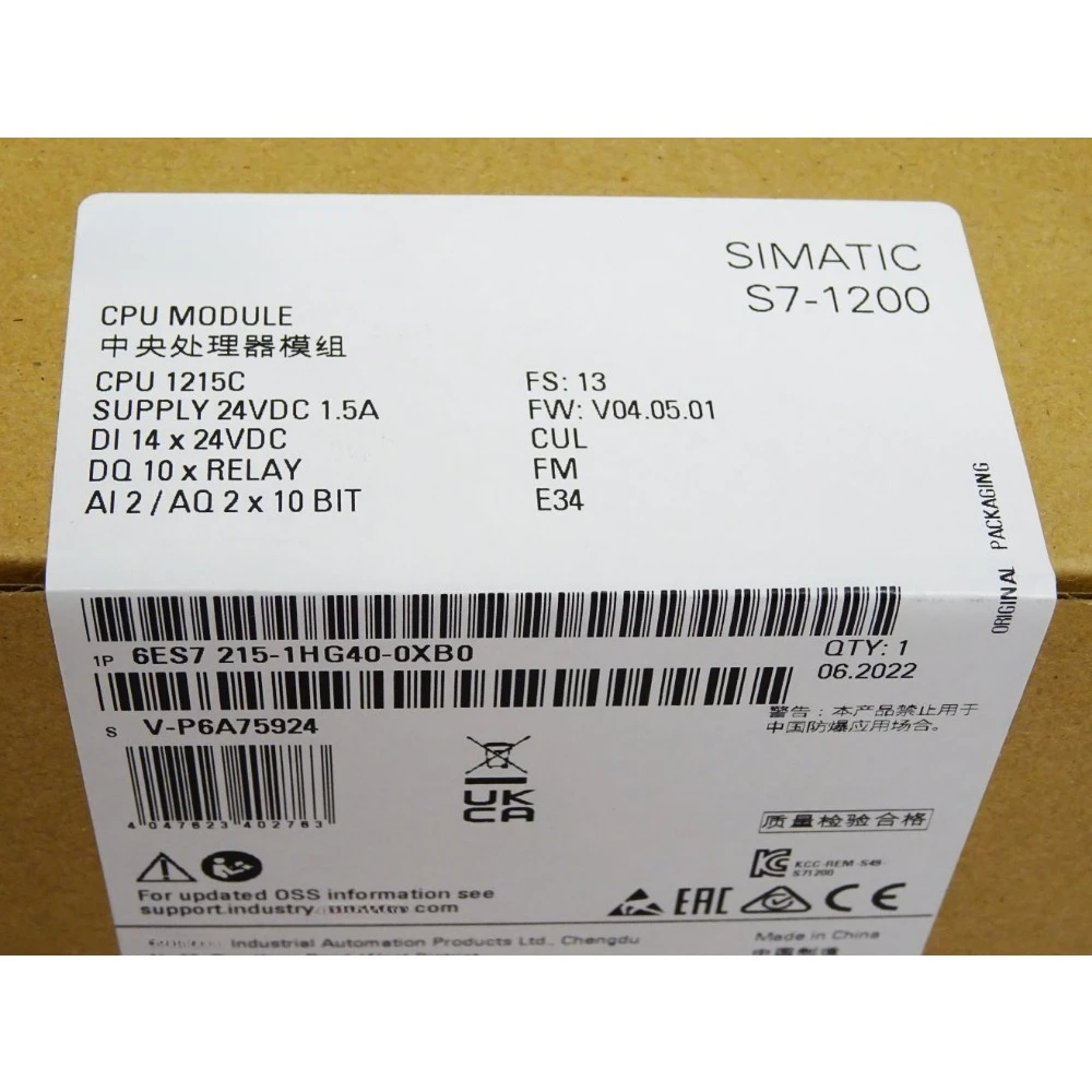 6ES7215-1HG40-0XB0 SIMATIC S7-1200 CPU Module 6ES7 215-1HG40-0XB0 New Original Packaging Sealed