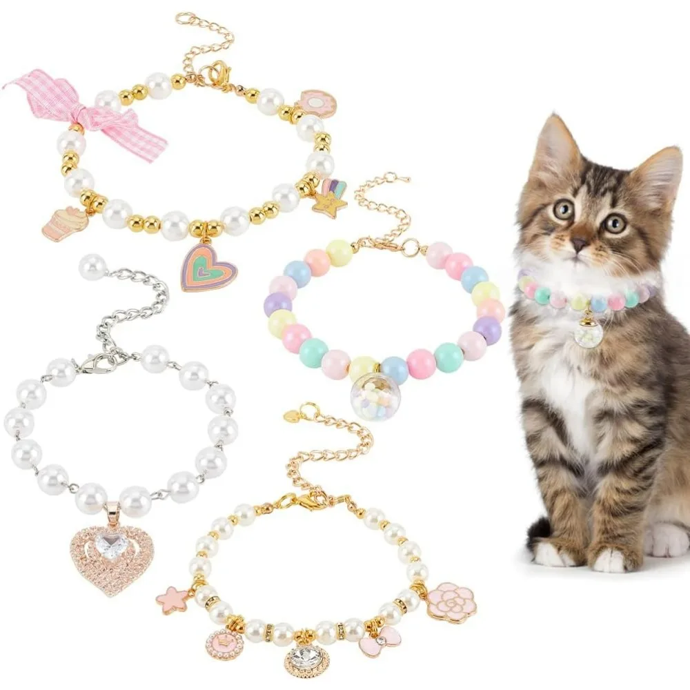 

4 Pcs Small Dog Cat Pearl Collars 4 Styles Adjustable Pearls Dog Necklace Cat Collars with Chain Extender Lobster Claw Clasp