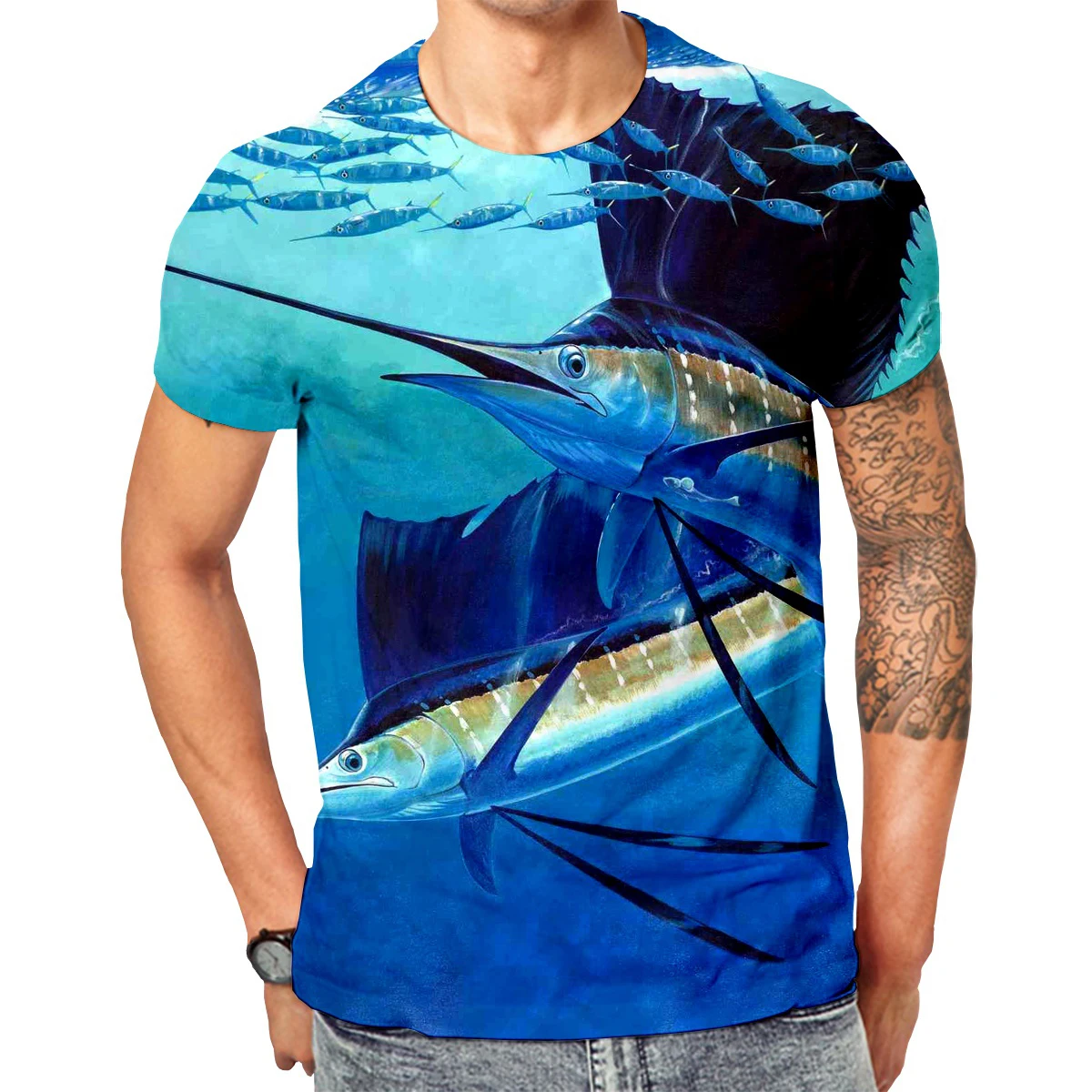 Summer Fishing Enthusiasts 3D Printed Fish Pattern T-shirt Ferocious Fish Short-sleeved Fishing T-shirt