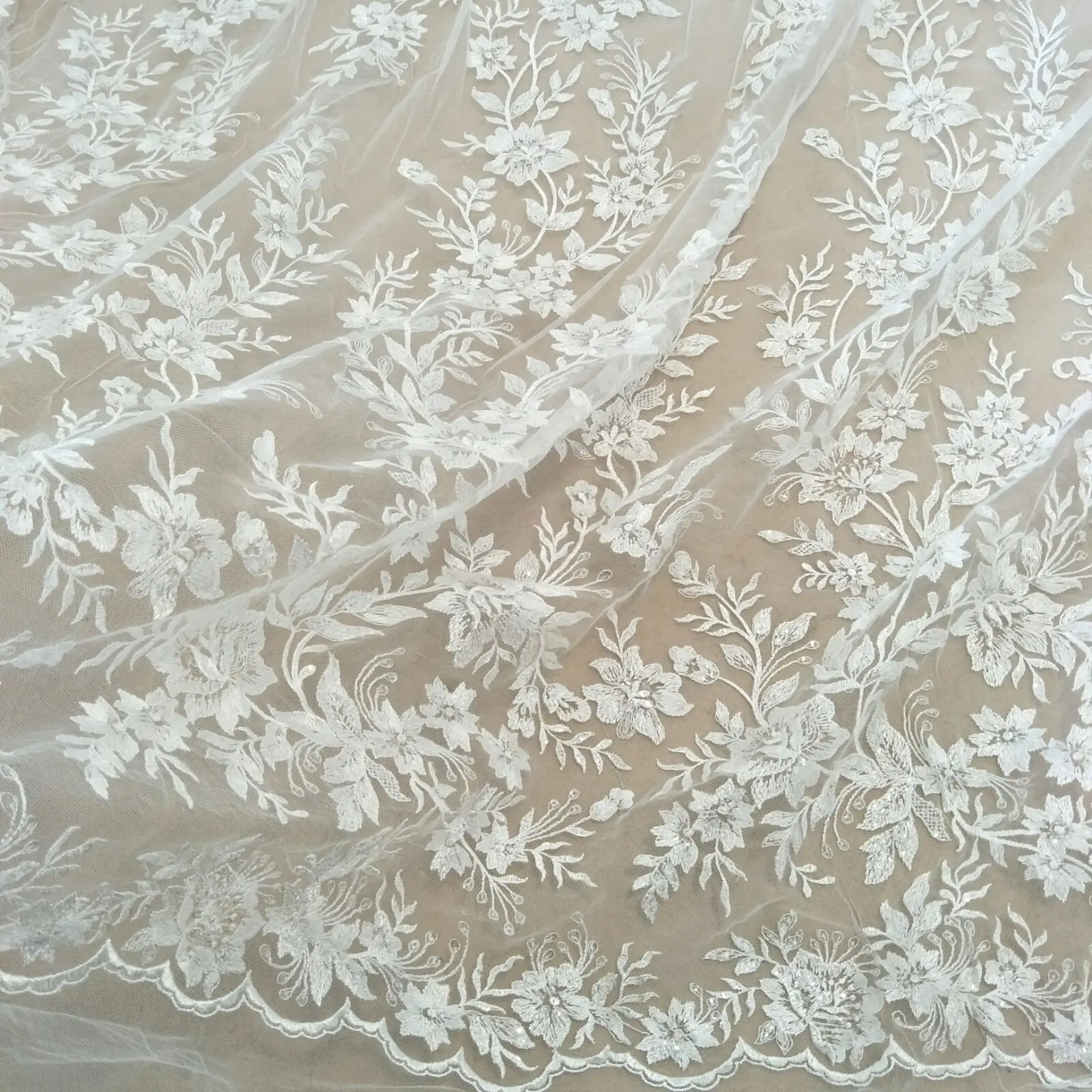 New fashion bridal wedding gown sequins lace fabric 130cm width bridal lace sell by yard