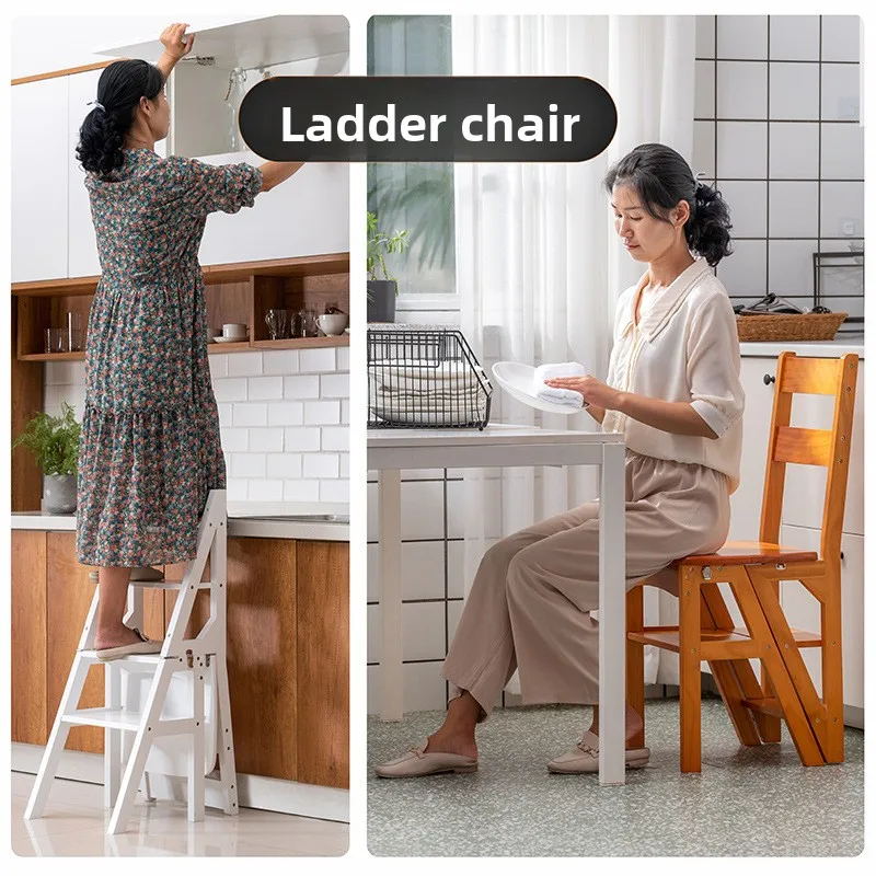 Solid Wood Dual Use Folding Ladder Chair Indoor Portable Four Step Climber Household Ladder Multifunction Ladder Ladder for Home