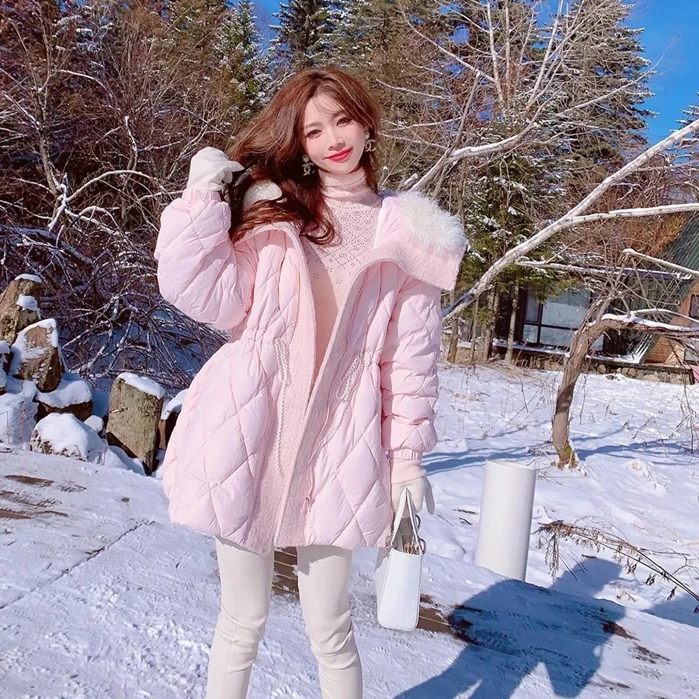 2025 Winter Women Faux Fur Collar White Goose Down Jacket Thick Warm Windproof Streetwear Pink Parkas Ladies Sweet Cotton Coats