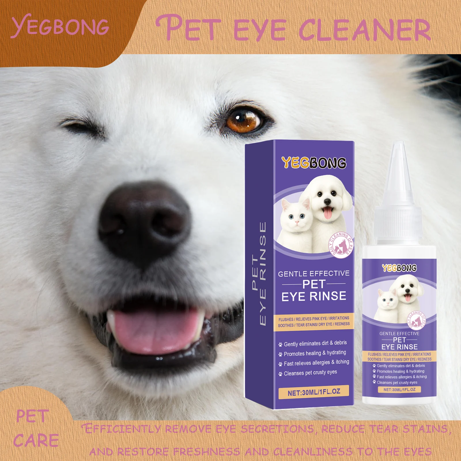 

Yegbong Pet Eye Drops Gently Clean Tear Stains, Secretions, Blockages, Care Drops for Cats and Dogs, Universal 30ML
