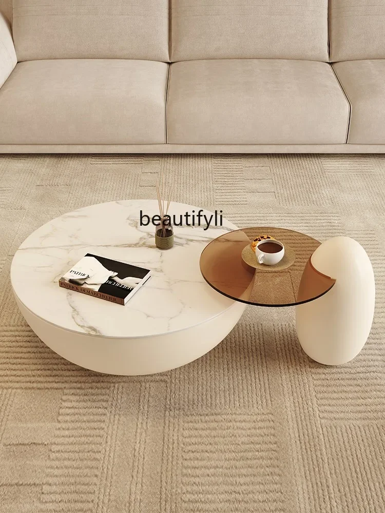 

French Style Stone Plate Coffee Table Combination Size round Cream Style Living Room Home Modern Low Table Side Table