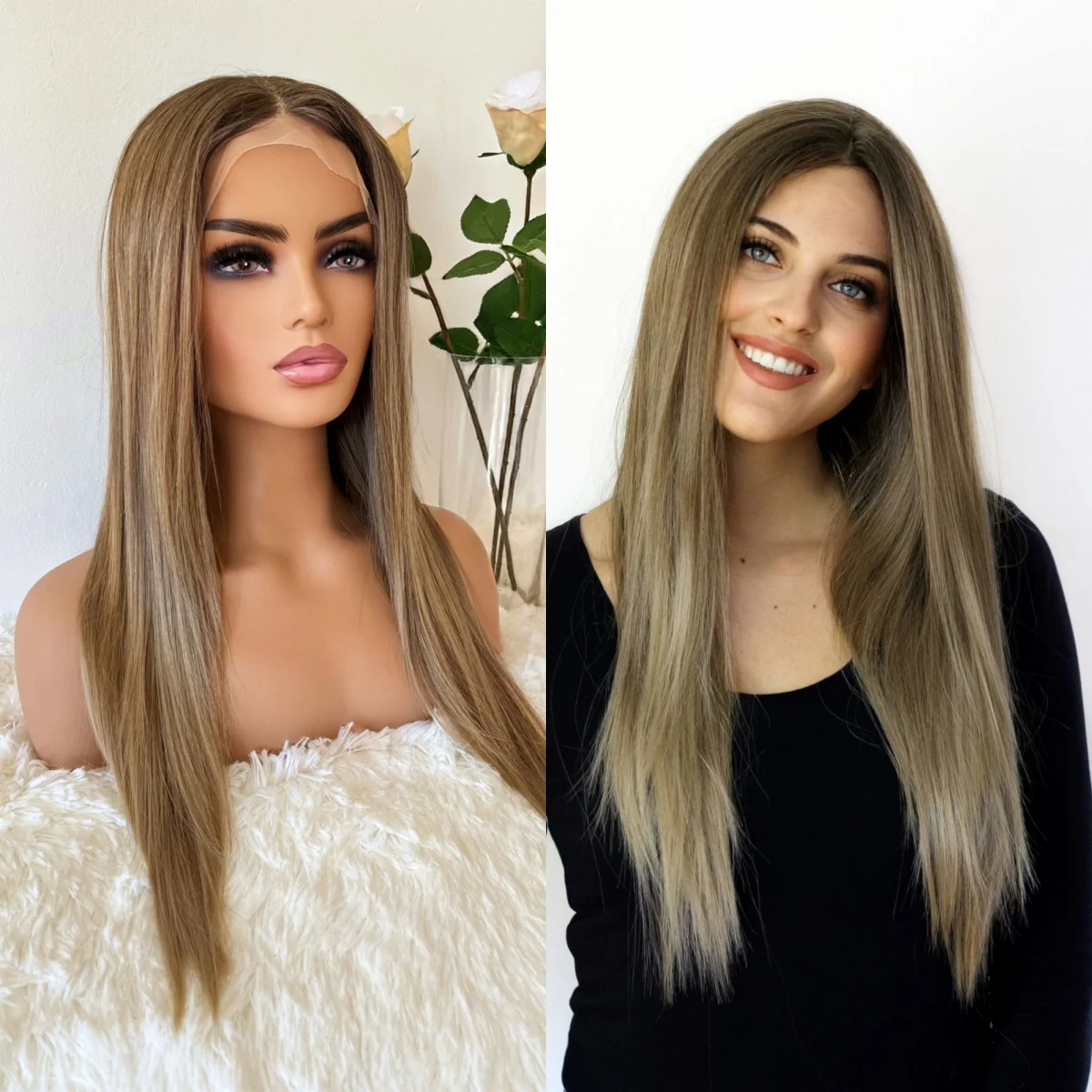 

13x4 Ombre Caramel Blonde Synthetic Lace Front Wig 24 Inch Long Natural Straight Wig Preplucked Hairline Heat Resistant Fiber