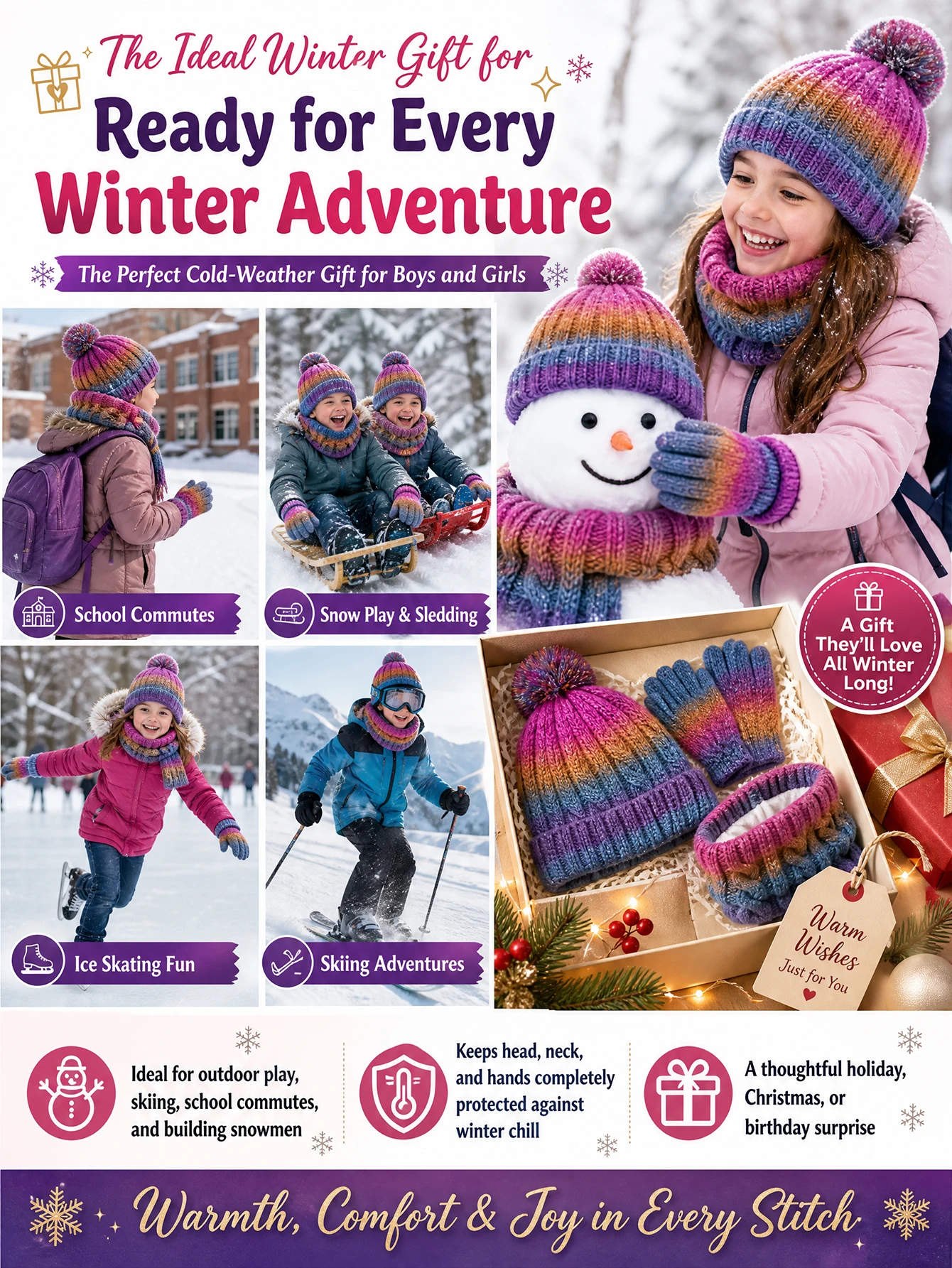 3pc3-12Y solid color, fleece and thickened children's, boys' and girls' hats, scarves and gloves set