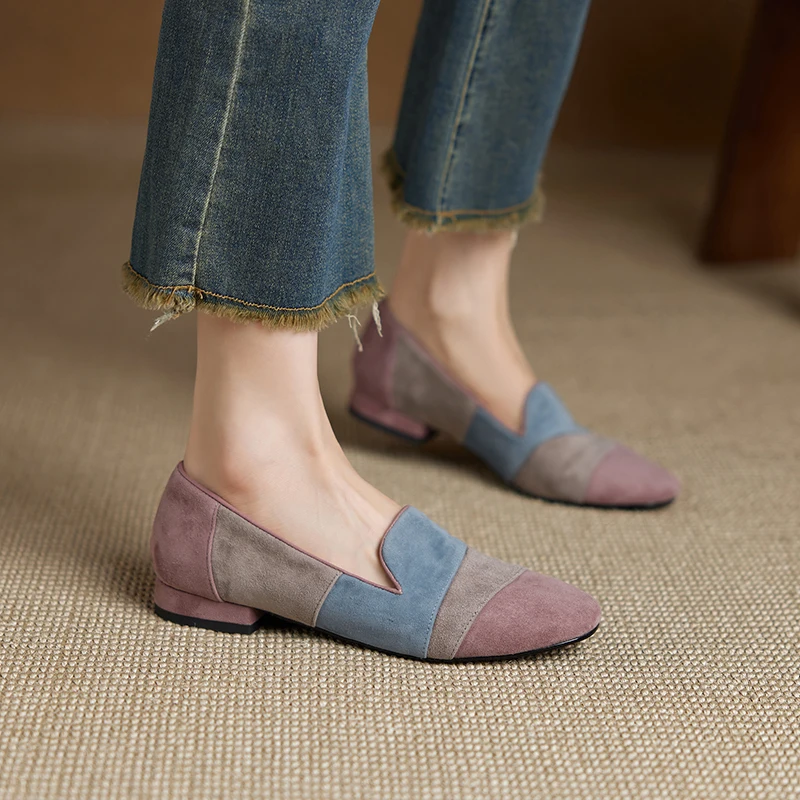 2026 new spring autumn women pumps natural leather plus size 22-25cm kid suede+cowhide+pigskin mixed color loafers women shoes view 5