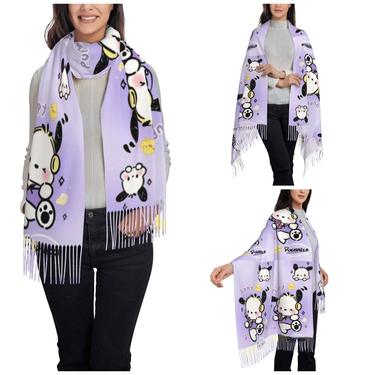 Women's Scarf with Tassel Cute Dog Cartoon Pochacco Large Winter Fall Shawl Wrap Purple Daily Wear Pashmina Scarves