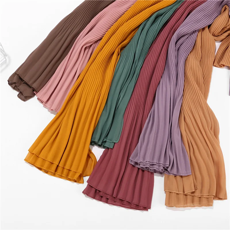 Big Size Pearl Chiffon Scarf Solid Color Pleated Stripe Headwear Scarves Women Muslim Hijab Head Wrap Plain Travel Shawls