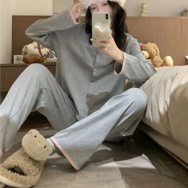Women's Sleepwear Can Be Worn As Outerwear Home Suit Solid Color Loose Cardigan Long Sleeved Pants Женская Пижама image 5