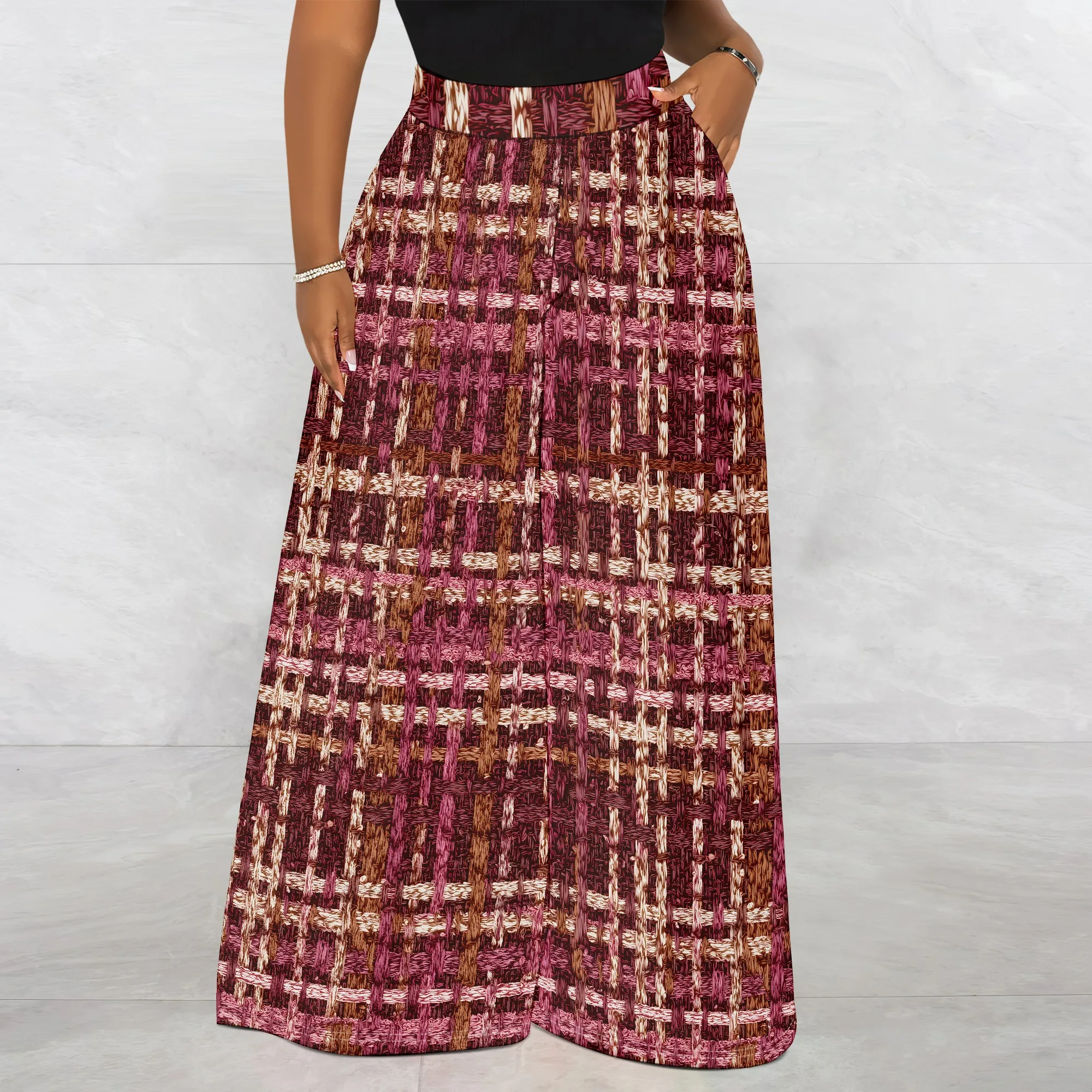 Plaid Print Wide Leg Pants, Retro Check Trousers, High Waist Pocket Bottoms for Women Casual Daily Wear S-2XL