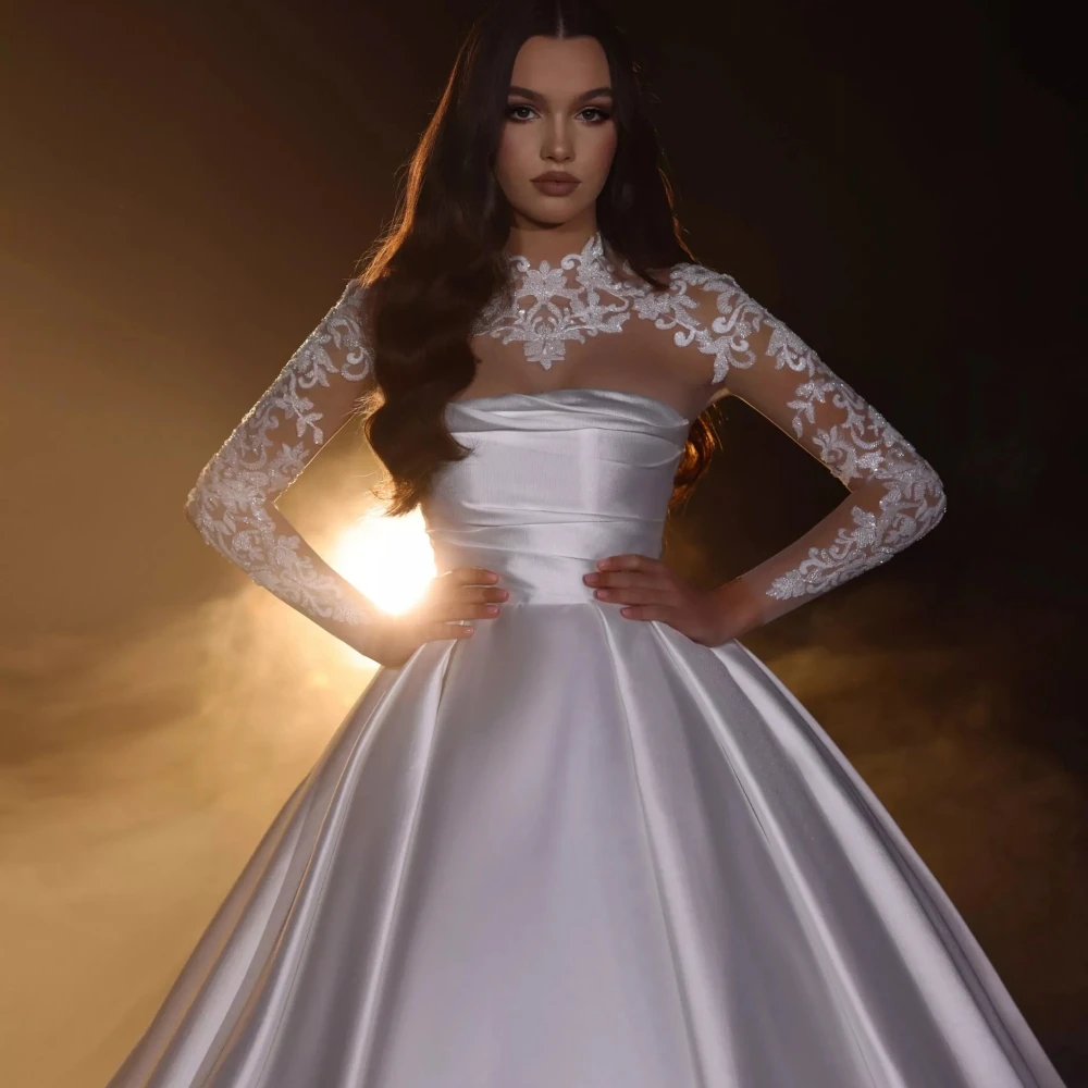 Shinny Lace Appliques Wedding Dress Modest High Collar Long Sleeve Bridal Gown Customzied Luxurious Elegant Dresses For Bride