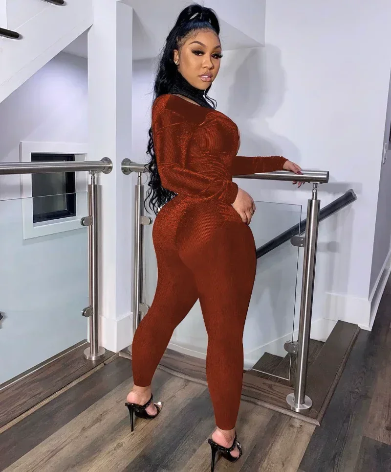 GUWU Sexy Party Samt Overall Frauen Rollkragen Aushöhlen Langarm Bodycon Strampler Clubwear Einteilige Overalls Weibliche