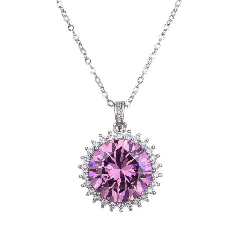 

New 10 Carat Large Pink Tourmaline Round Full Diamond Colorful Gemstone Pendant for Women