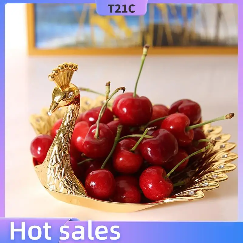 

T21C 2X Gold Peacocks Fruit Plate Metal Tray Dish Delicate Storage Plate For Candy Trinket Jewelry Snack Tray Serving