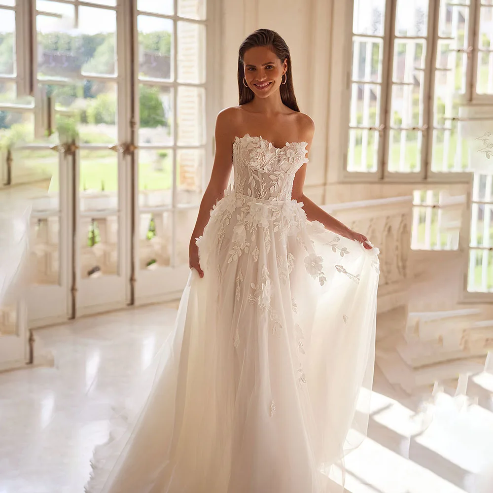 ZIBUYU bretelles chérie 3D Floral brodé Tulle robes de mariée 2025 sans manches cathédrale Train robes de mariée personnalisées