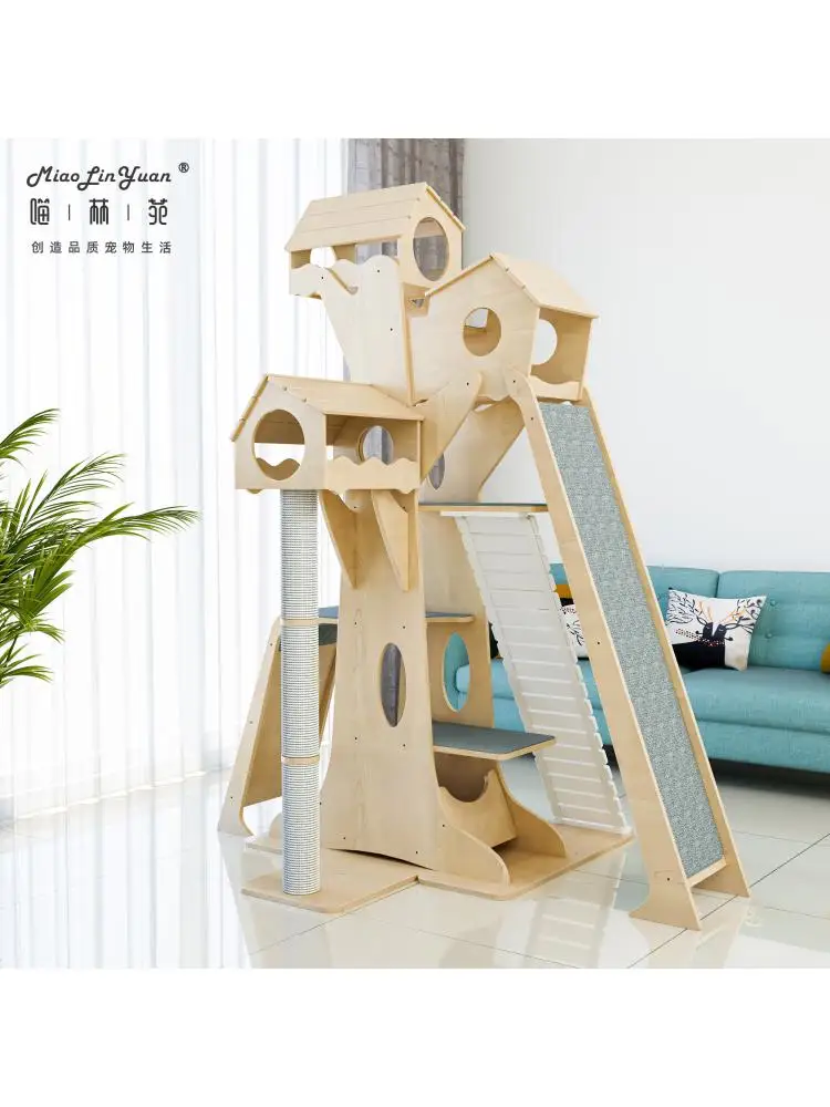 Large Solid Wood Cat Climbing Frame, Litter Resistant to Scratching Cat Tree, Villa Pet Furniture