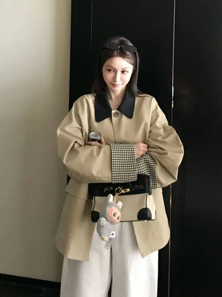 Jesienny płaszcz damski w stylu Y2K, koreański, szykowny, z wzorem w kratę, łączony, w stylu japońskim kawaii preppy, odzież damska.