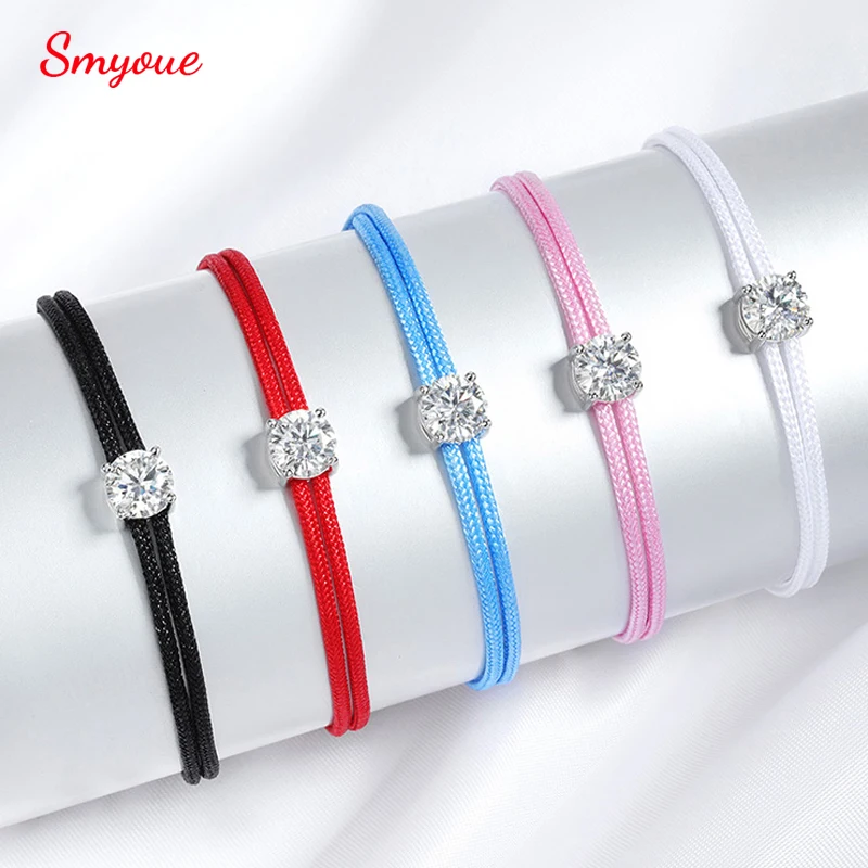 Smyoue Braided-rope Round Moissanite Bracelets for Women Men Sparkling Classic Adjustable Chain 14-21cm 925 Sterling Silver 100%