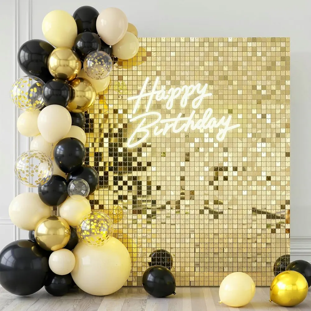 Light Gold Shimmer Wall Backdrop Panels 12/24/36/49pcs White Gold Square Sequin Glitter Panels for Birthday Wedding Anniversary Christmas Party Backdrop Decoration