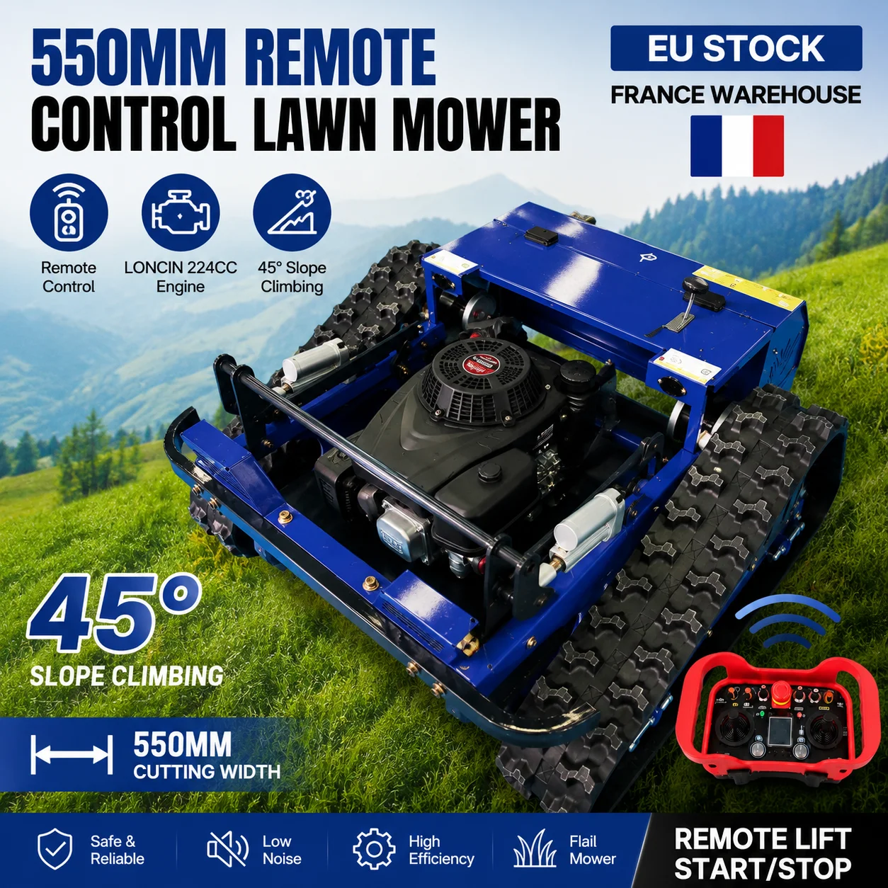Tondeuse à fléaux télécommandée sur chenilles 550MM LONCIN 224CC 45 °   Tondeuse à pente télécommandée avec démarrage/arrêt, stock UE, entrepôt France