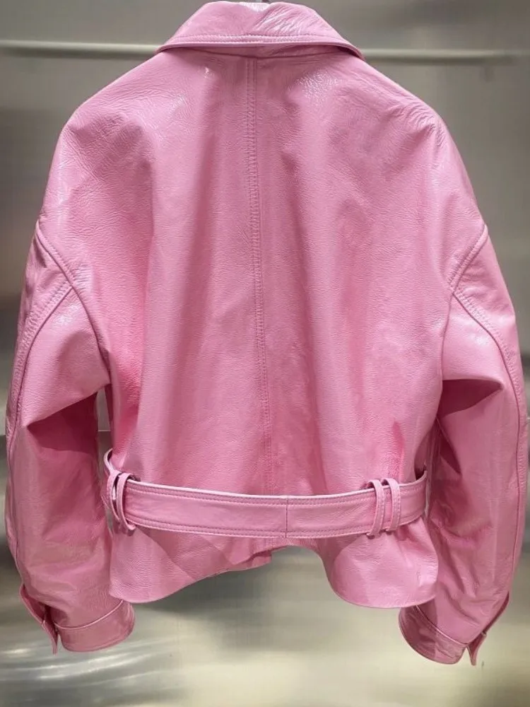 Dolce signora vera pelle maniche lunghe bavero fibbia cinturino tinta unita giacca corta tasca in pelle di pecora monopetto cappotto ampio