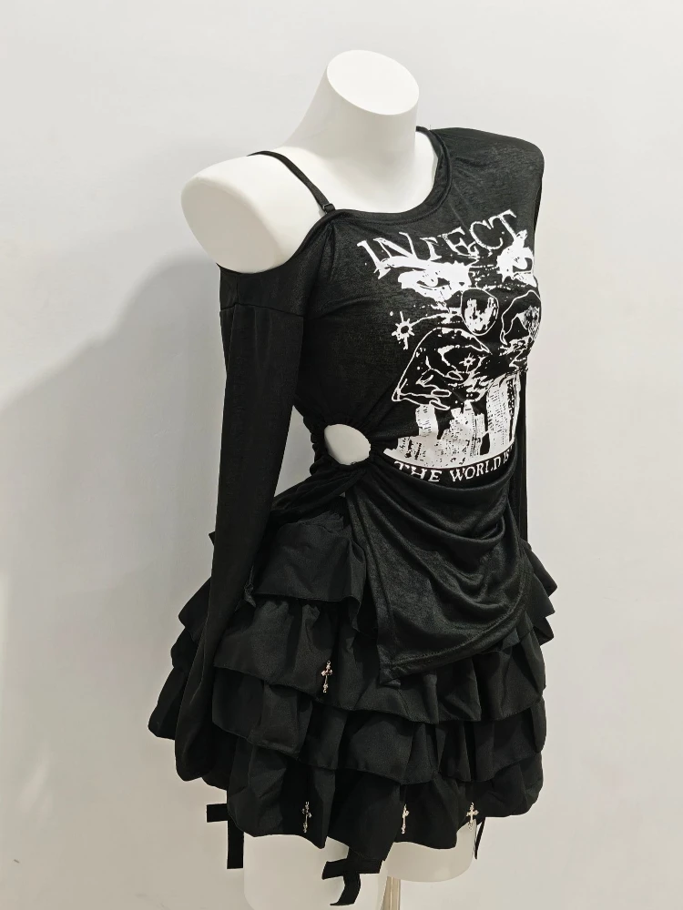 ダークホットガール スリム 2ピースセット レディース エステティック Y2K オフショルダー 長袖 日焼け防止トップス + ハイウエスト クロス ショートスカート スーツ
