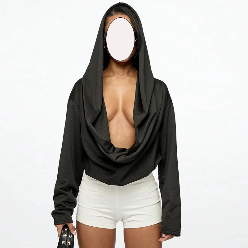 

Fashionable autumn thin style personalized versatile sweatshirt for women solid color halter neck hooded long sleeved