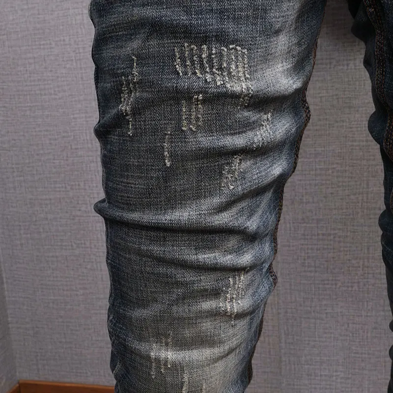 Italian Style Fashion Men Jeans High Quality Retro Washed Blue Elastic Slim Fit Ripped Jeans Men Vintage Designer Denim Pants