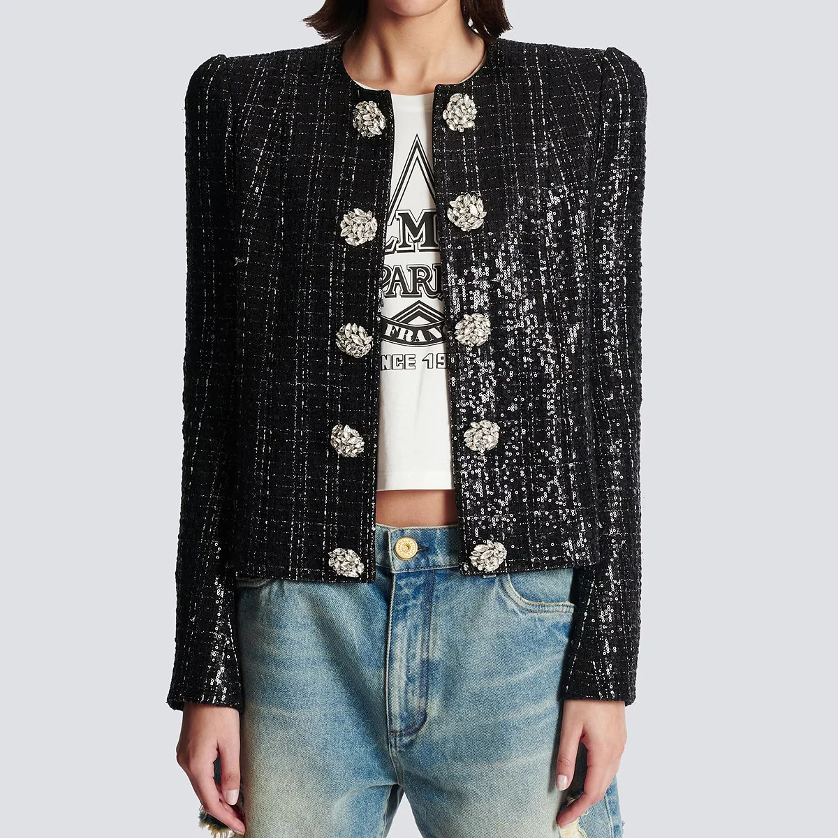 

Spring And Autumn New Fashion Heavy Industry Sparkle Inlaid Diamond Versatile Button Women's Round Neck Long Sleeve Coat