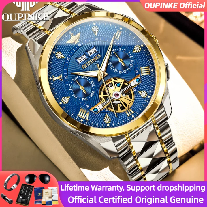 

OUPINKE Men's Watch Original Luxury Automatic Mechanical Watch Skeleton Waterproof Chronograph Date Man Watch