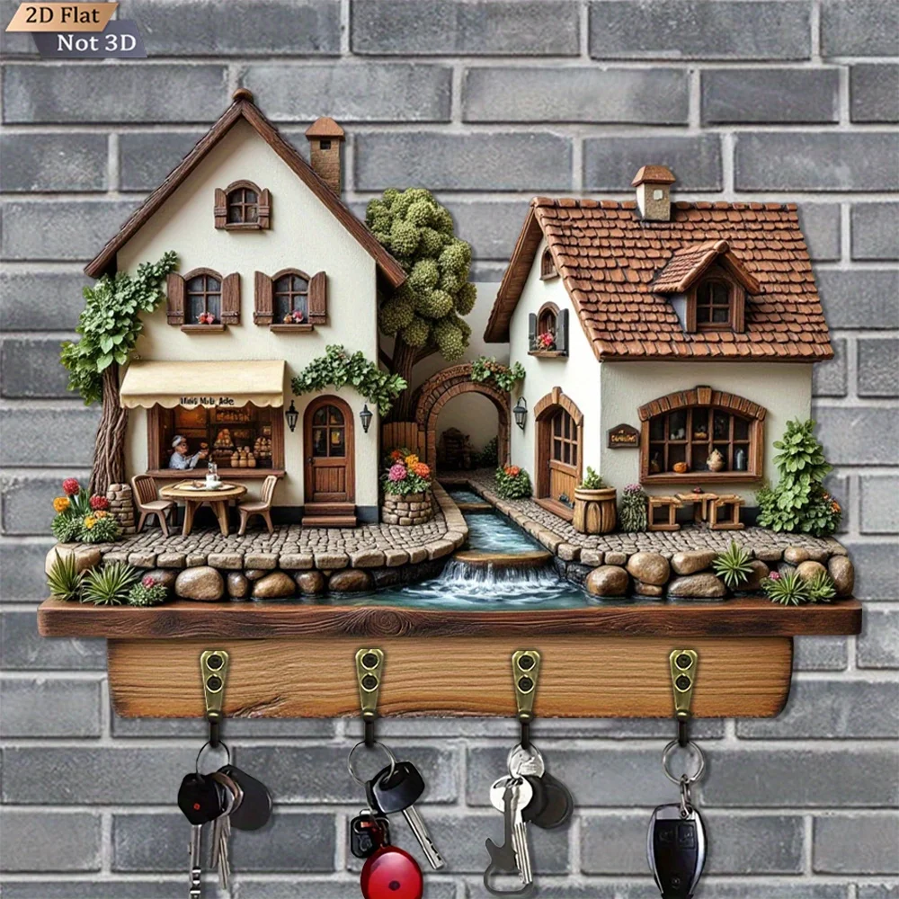 2D Flat, 1pc, Rustic Mini Cottage Key Hook, Wooden Multi-Functional Home Key Holder with Four Metal Hooks, Wall Decor, Porch