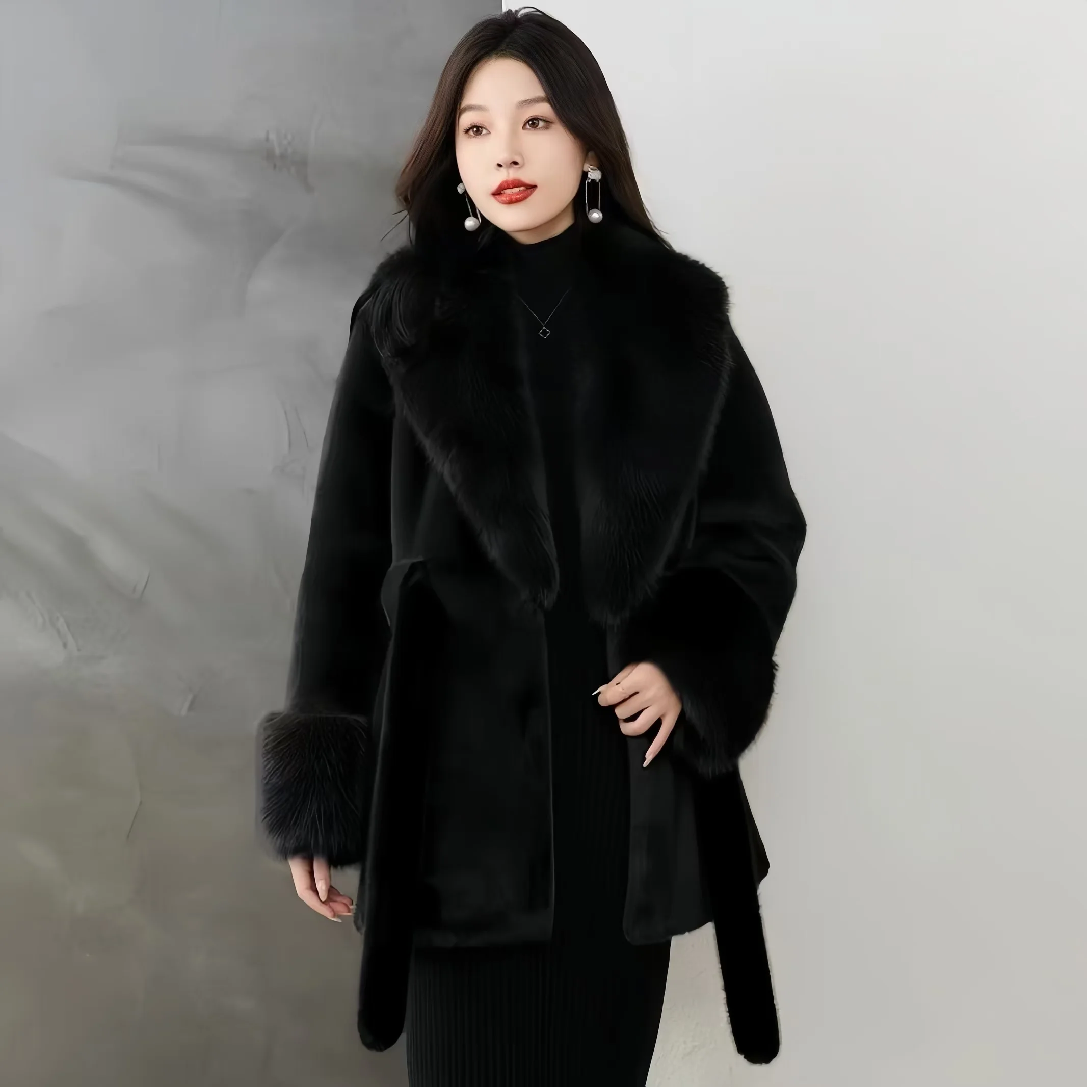 Faux Mink Fur Coats for Women,Turn-down Collar Long Jacket,Thicken Warm Female Clothes,Adjustable Waist,New, Winter