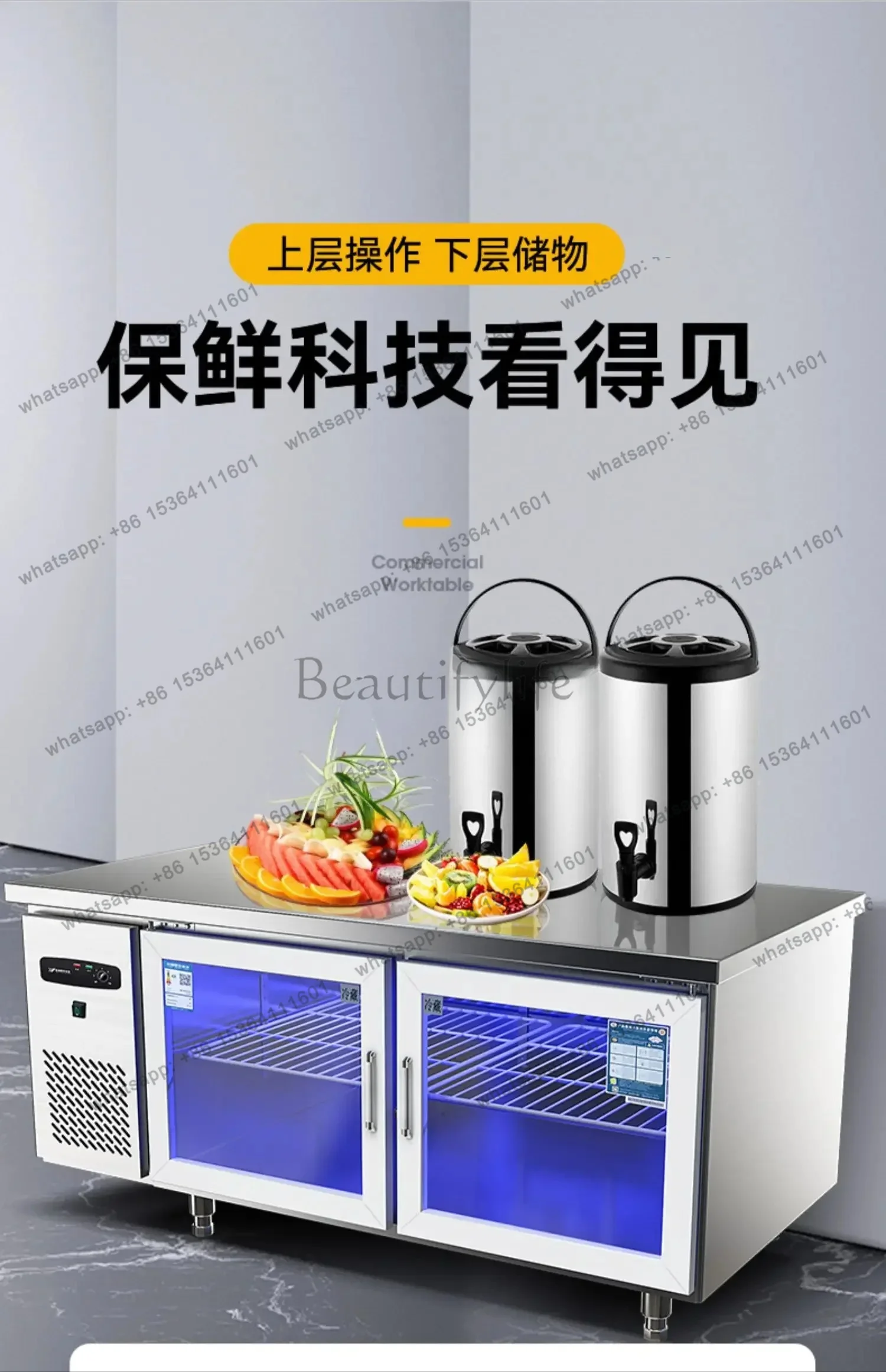 jj5  Best Seller Yj9 Refrigerated Workbench Commercial Freezer Frozen Milk Tea Shop Refrigerator Water Bar Flat Freezer Kitchen