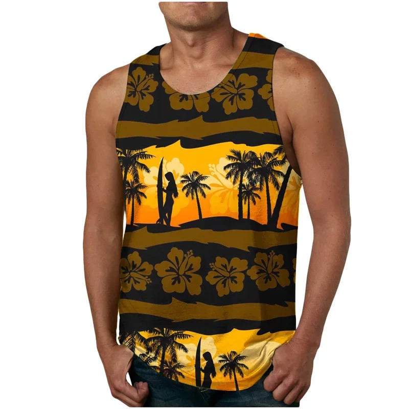 

Hawaiian Vacation Men's Breathable Sport Sleeveless T-Shirt Beach Surf Floral Print O-Neck Vest Men's Quick Dry Plus Size Vest