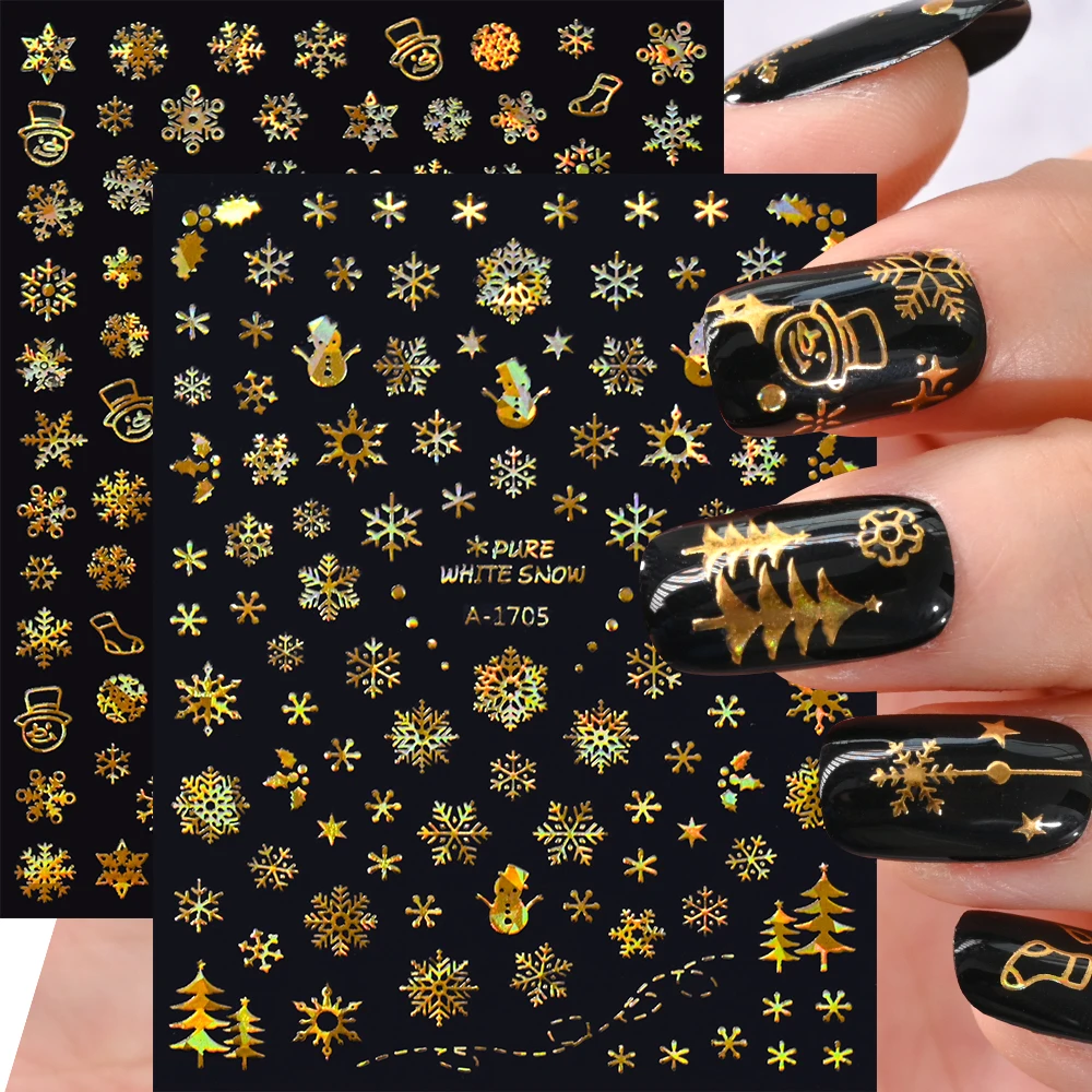 1 PC Christmas Snowflakes Nail Art Stickers Laser Gold 3D Snowflakes DIY Back Adhesive Sliders Xmas Manicure Decoration Decals