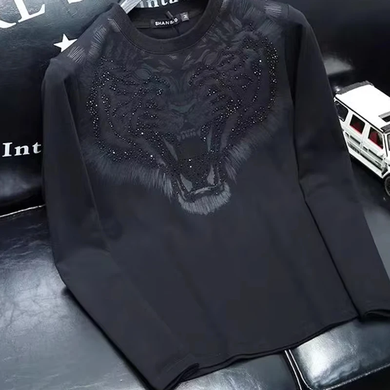 Spring Autumn New Fashion Cotton Solid T-Shirts Men\'s Clothing Casual Loose Diamonds Tees O Neck Long Sleeve Pullovers Y2K Tops