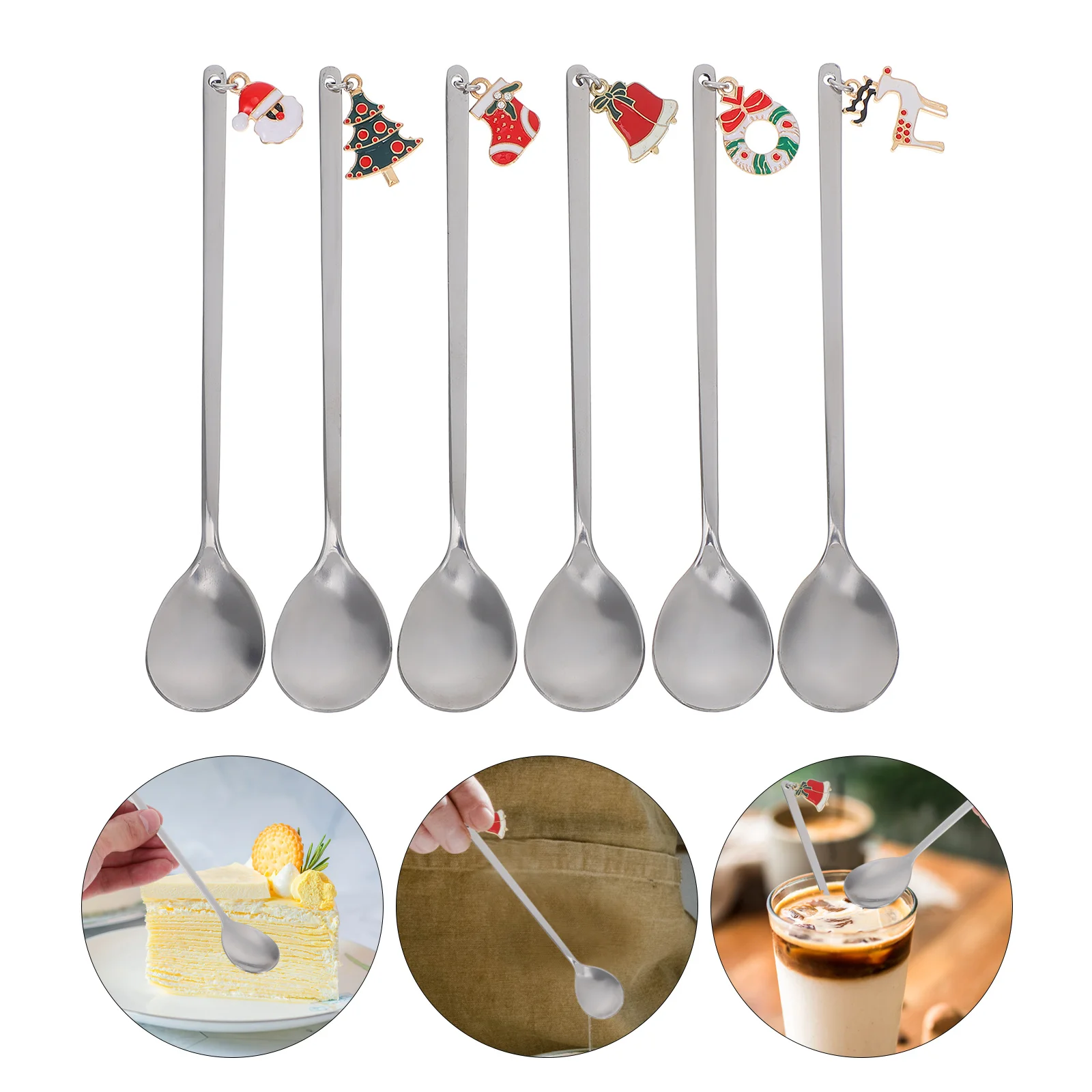 

6Pcs Christmas Stainless Steel Dessert Spoons Flatware Set Decorative Holiday Tableware Mini Spoons for Party Serving