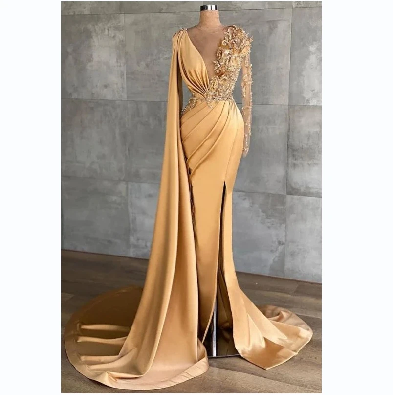 Vestido dourado lindo com decote em v para mulheres, pena de cristal, vestido de lantejoula, manga longa sereia de fenda, comprimento do chão, vestido de festa