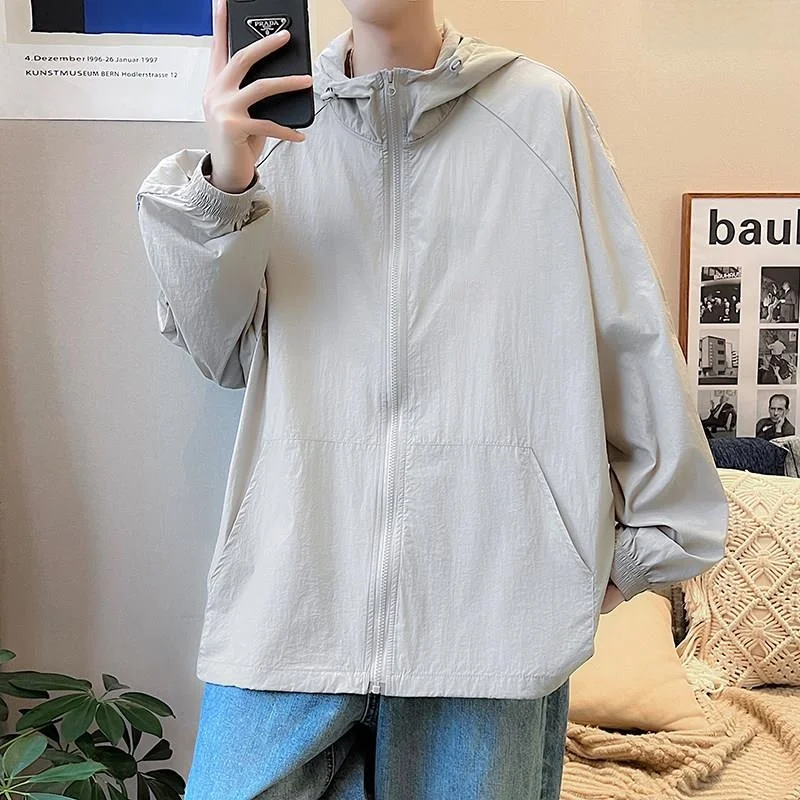 メンズフィッシング速乾性フード付き日焼け防止服夏用薄手アイスシルクサイクリングアウトドアスキンシャツルーズフィットプリントポリ