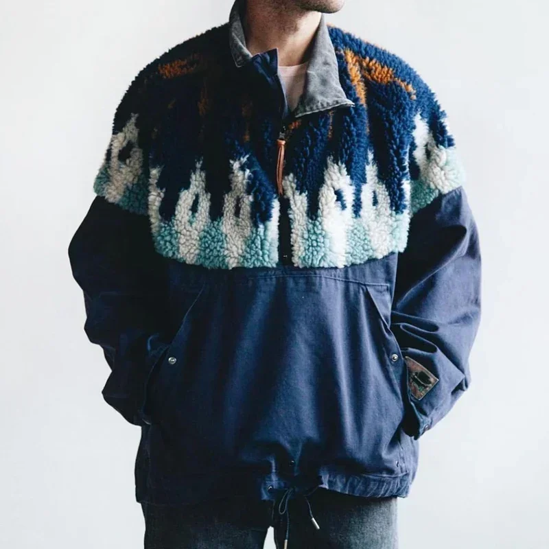 KAPITAL Hirata Hohiro Two Color Fleece Print Stitching Half Zipper Lapel Loose Jacket for Men and Women Black Khaki Hoodies