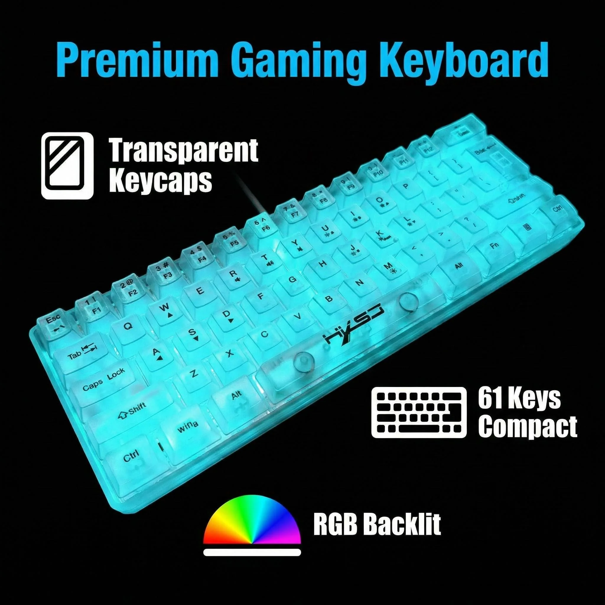 

61-клавишная полностью прозрачная проводная игровая клавиатура с RGB-подсветкой, эргономичным дизайном, портативная и ультракомпактная, 60% мини-формат.