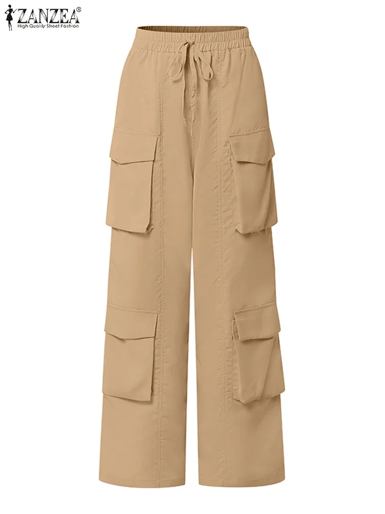 

2025 ZANZEA Women Pants Solid Elastic Waist Loose Pantalon Elegant Work Palazzo Streetwear Stylish Summer Cargo Pants Y2k Style