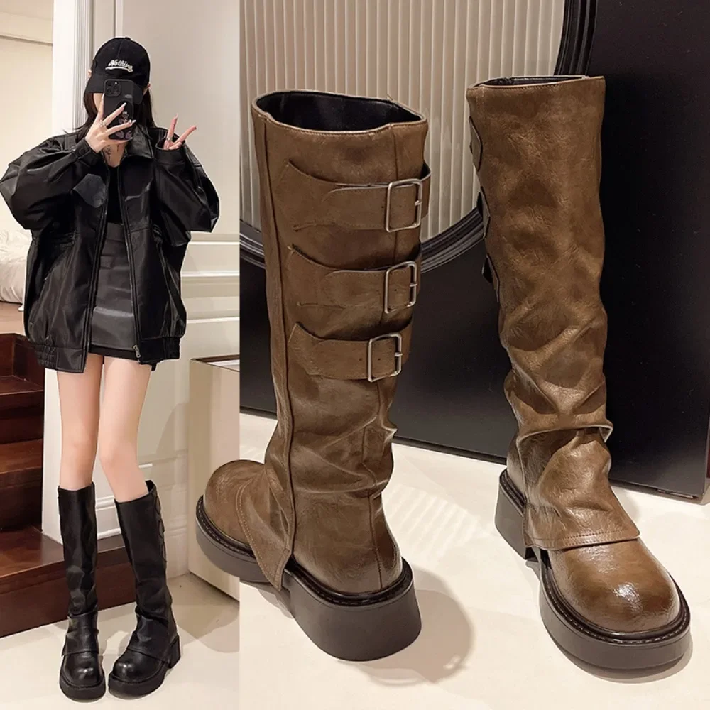 High Quality Wasteland y2k style Vintage Detachable Boot Barrel Western Boots for Women Black Belt Straps Boot Shoes